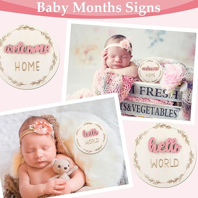 7 Pcs Months Baby Milestone Signs, 3D Pink Baby Monthly Milestone Cards Milestone Wooden Circles for Newborn Boy Girl 1-12 Months Baby Milestone Pictures (Double Sided)