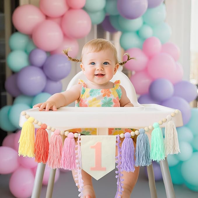 Boho Macaron Handmade Extended 1st Birthday High Chair Banner Wild One First Highchair Banner for Baby Girls Wood Bead Tassel Garland 1 Birthday Party Decorations Photo Props 6