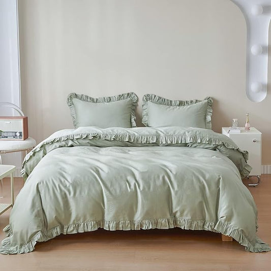 Simple&Opulence Kids 100% Organic Cotton King Duvet Cover Ruffle 3Pcs(1 Comforter Cover 2 Pillowcases) Cute Lace Vintage Boho Shabby Chic Farmhouse Bedding Set Teen Girls(Sage Green, King)