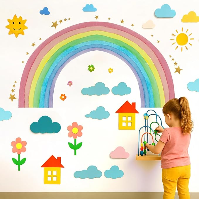 Large Watercolor Rainbow Wall Decals, Colorful Nursery Wall Decor, Peel and Stick Wall Decor for Kids, Toddler Bedroom, Living Room, Playroom