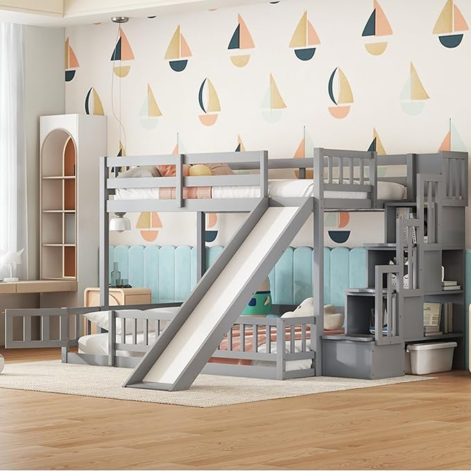 Twin Over Full Bunk Bed with Slide, Solid Wood Bunk Bed with Safety Guardrails and Storage Staircase for Kids Teens Boys Girls Bedroom, Space Saving Design (Grey-30c)