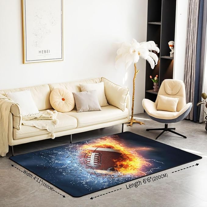 Rugby Area Rug 5x7 Decorative Carpet Mat 3D American Football Decor Extra Soft Rugs for Living Room Bedroom Room Machine Washable Sports Theme Rugs