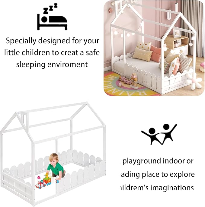 Bellemave Twin Size Kids Floor Bed Frame with Fences, Wooden House Bed with Roof Can be Decorated for Kids Girls Boys (White)