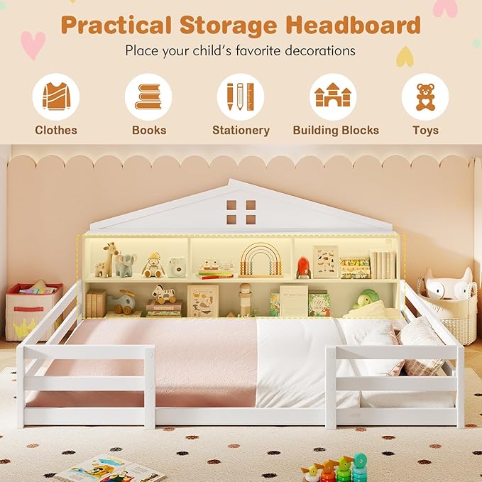 Giantex Full Size Montessori Floor Bed with LED Lights, 2-in-1 Wooden House Bed Frame with Safety Guardrails, Storage Compartments & Shelf, No Box Spring Needed, Without Slats, White