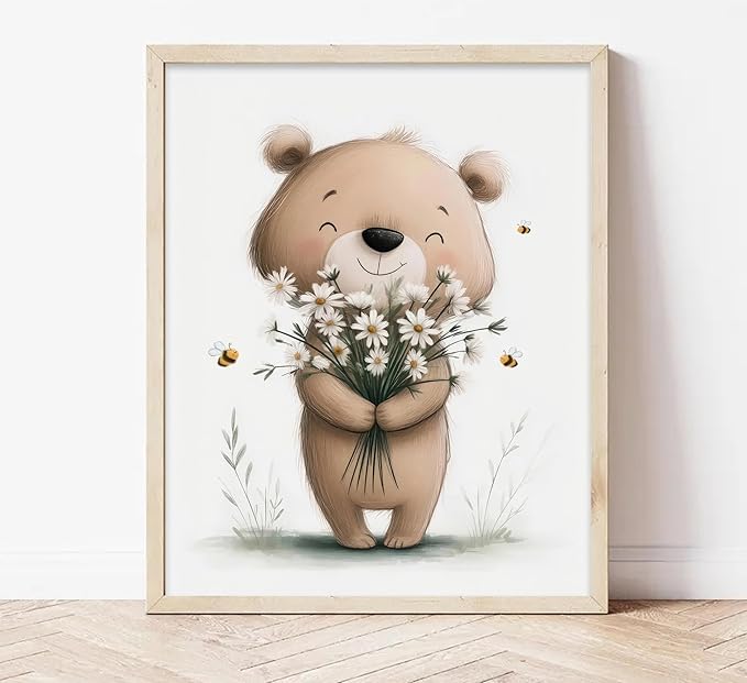 3Pcs Cute Bear Nursery Wall Art Cute Animals Flower Painting Picture Wall Decor Boho Teddy Bear Poster Print Artwork for Children Room Baby Room Nursery Boy Room Girl Room Home Decoration