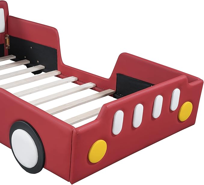 Twin Size Race Car-Shaped Platform Bed with Wheels, Unique Design Floor Bed with PU Leather Headboard and Safety Guardrails, Wood Slat Support for Kids,Boys,Girls (Red-100A)