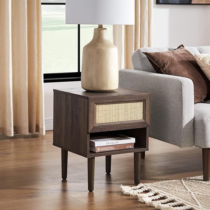 mopio Haylee Rattan Side Table, Small Accent Tables for Living Room, Mid Century Modern Night Stand, Bedside Tables, Wood Nightstands for Bedroom (Walnut, Single)