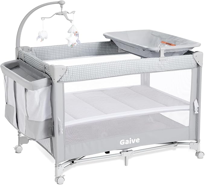 Baby Bassinet Bedside Crib, Pack and Play with Mattress, Diaper Changer, One-Push Setup Playards from Infants to Toddlers (Grey)