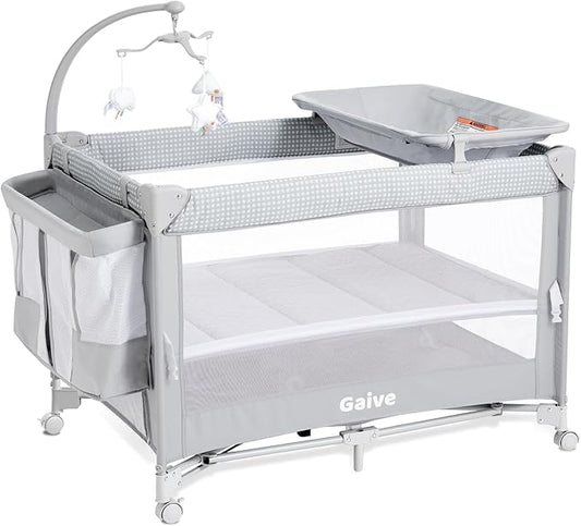 Baby Bassinet Bedside Crib, Pack and Play with Mattress, Diaper Changer, One-Push Setup Playards from Infants to Toddlers (Grey)