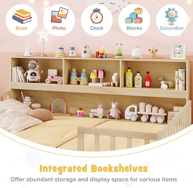 KOMFOTT Full Floor Bed with Bookcase & Shelves, Wood Bed Frame with Bedside Bookshelves & Guardrails, Versatile 2-in-1 Montessori Floor Bed for Kids (Full,Natural)