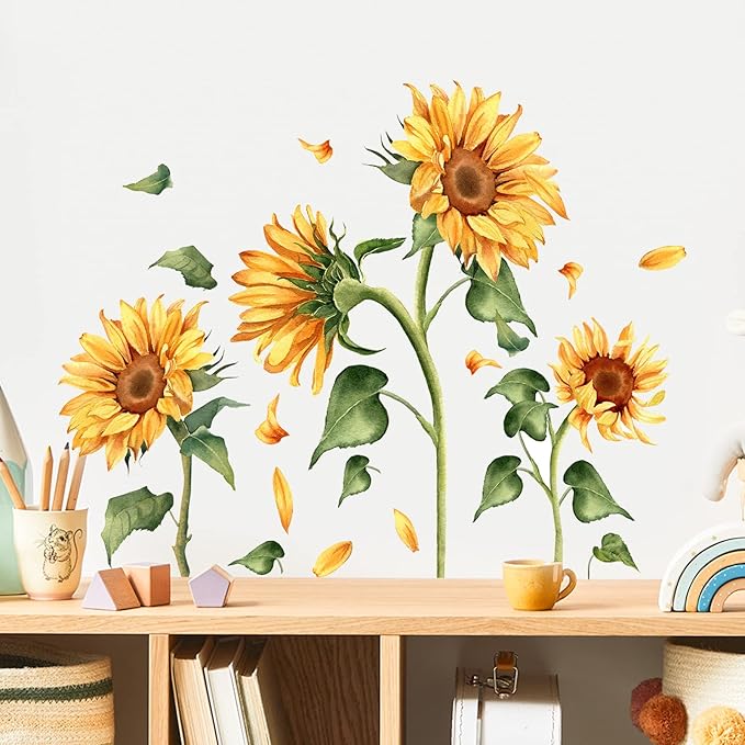 Vintage Sunflower Wall Decal Garden Floral Wall Sticker Yellow Flower with Green Leaves Wall Decals Peel and Stick Wall Stickers Aesthetics Decor for Living Room Bedroom