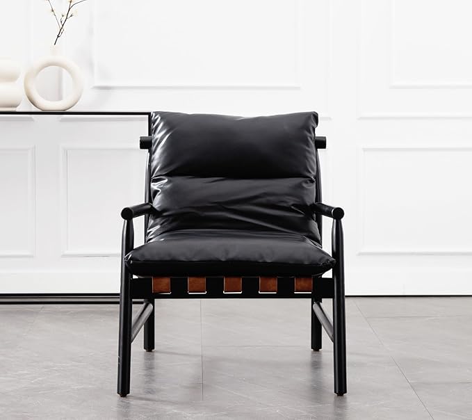 Faux Leather Accent Chair Mid Century Modern Living Room Chairs Comfy Arm Chair with Solid Wood Frame Upholstered Lounge Reading Chair Cozy Recliner for Bedroom/Guest Room, Black