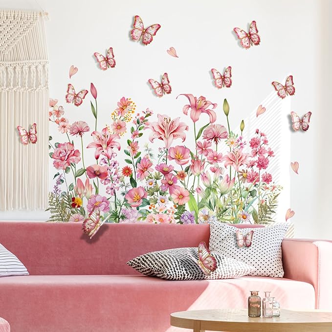 Wildflower Flower Wall Stickers Daisy Lily Wall Decals Butterfly Pink Floral Wall Decor for Girls Bedroom Baby Nursery Kids Room Wall Decor