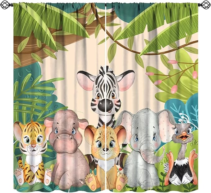 Animals Curtains Colorful Forest Cartoon Cute Zebra Tiger Elephant for Kids Boys Girls Nursery Bedroom Living Room Blackout Rod Pocket Decoration Window Drapes 2 Panels W27.5xL63in
