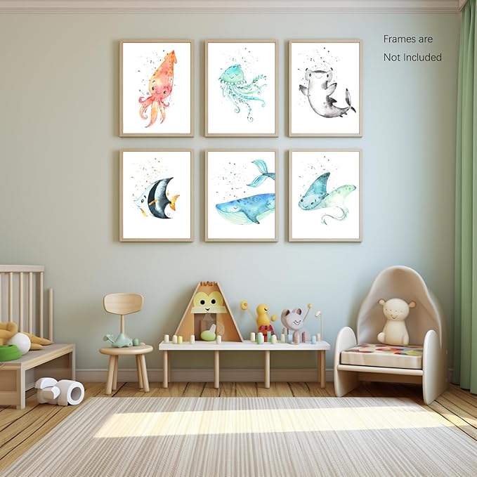 Wodkwq Nursery Wall Art Sea Animal Canvas Prints Baby Girl Boy Room Decor Watercolor Paintings Pictures Cute Ocean Theme Toddler Room Decoration Set of 6 for Kids Bedroom Bathroom 8x10in Unframed