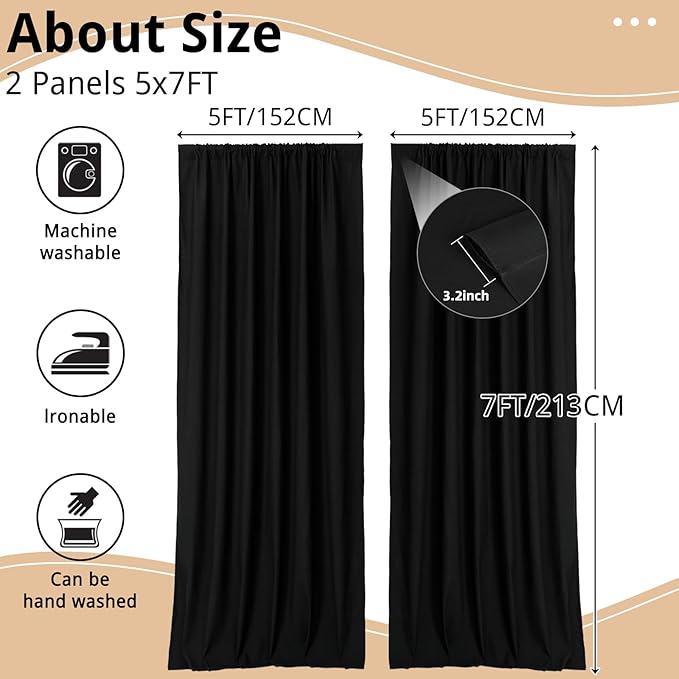 Black Curtains Backdrop for Parties, Wrinkle Free Black Photo Backdrop Curtains Drapes for Party Birthday Wedding Halloween Decoration Photography,5ft x 7ft, 2 Panels