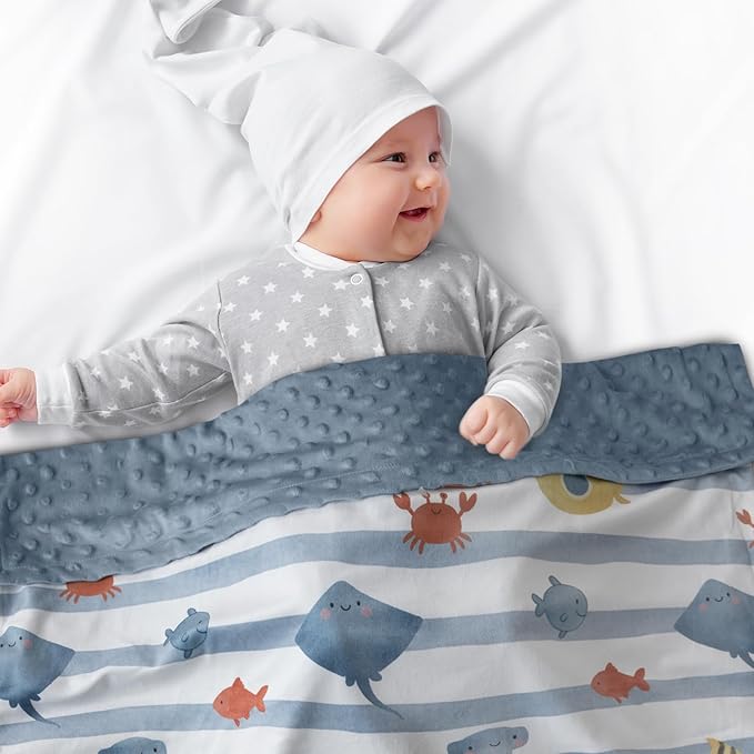 Baby Minky Blanket for Boys Girl, Super Soft Newborn Nursery Blanket with Double Layer Dotted Backing, 30x40 Cozy Printed Bed Throw Blanket, Undersea World