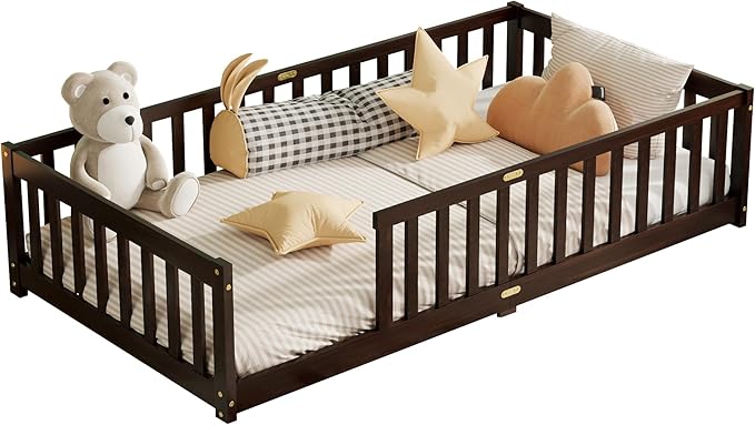 Twin Size Floor Bed for Kids, Wood Montessori Floor Beds with Fence Railings and Slats Support, Twin Playhouse Bed Frame for Boys Girls, No Box Spring Needed, Espresso