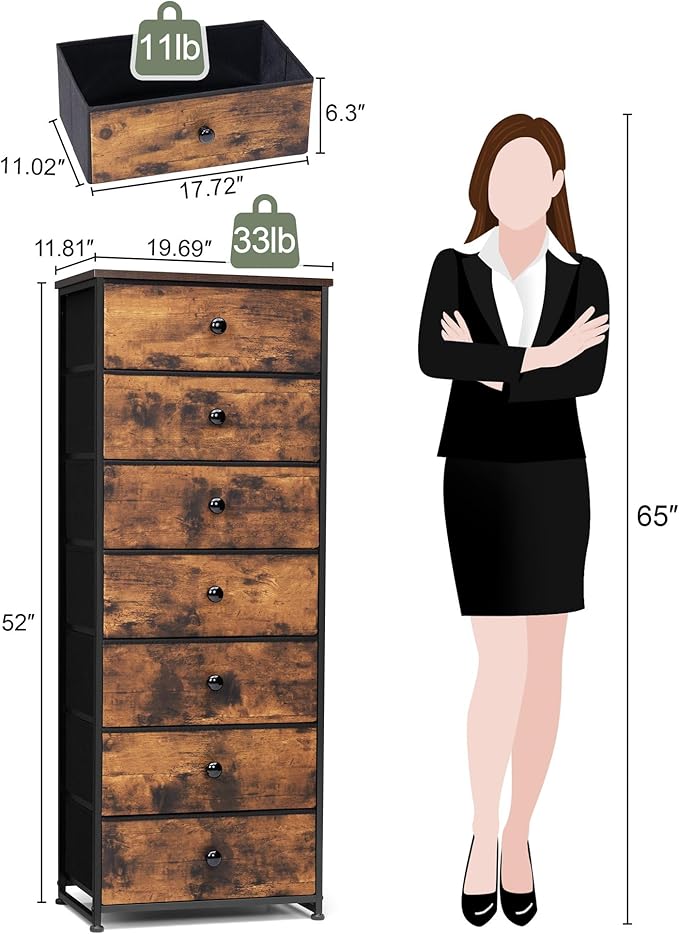 Crestlive Products Tall Dresser, 7-Drawer Fabric Storage Tower, Chests of Drawers - Vertical Organizer Unit for Bedroom, Hallway, Entryway, Nursery, Closets -Wood Top & Handles (Rustic Brown)
