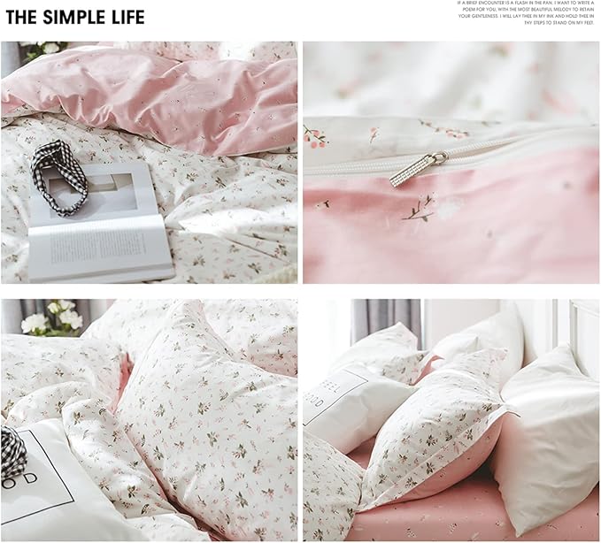 HighBuy Floral Girl Duvet Cover Twin White Pink Flower Coquette Bedding Set with Zipper Closure Soft Cotton Bedding Comforter Cover Aesthetic 3 Pieces for Kids Bedroom Collection 4 Corner Ties