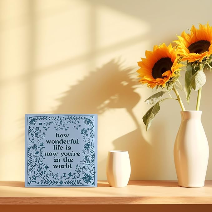 How Wonderful Life Is Now You're in the World Wood Box Sign 5×5 Inches, Boho Floral Wood Sign for Nursery Kids Boy Girl Newborn Teen Bedroom Home Desk Tabletop Shelf Decor