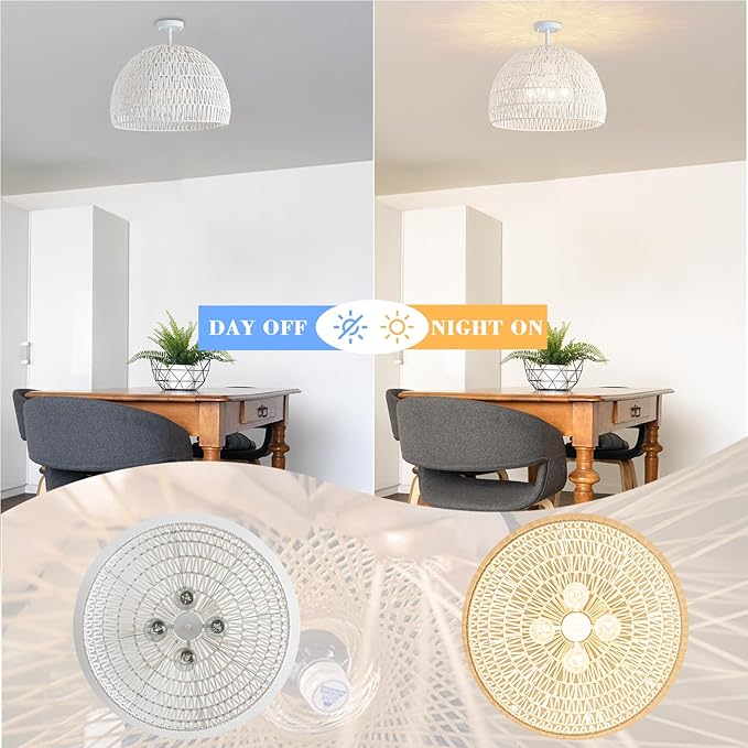 Rattan Ceiling Light Fixture, 4-Light Boho Semi Flush Mount Ceiling Light, 20" Wicker Light Fixture with Handmade Woven Cage Lampshade, Rattan Chandelier for Bedroom Hallway Nursery Kitchen Farmhouse