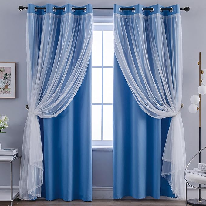 Anytime Home Curtains Blackout and Sheer Layered Solid Window Curtain Panel Pair with Grommet Top, 52Wx63L, Blue