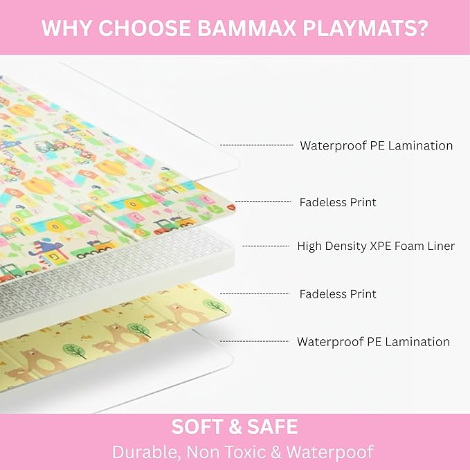 Bammax X-Large 78" x 70" x 0.4" Waterproof XPE Foam Baby Play Mat + Travel Bag | Waterproof, Reversible & Foldable Padded Playmat | Baby Crawling Mat & Kids Play Mat – Maze & Bears