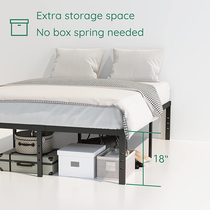 18 Inch Full Size Bed Frame Heavy Duty Metal Platform No Box Spring Needed, Maximum Storage, Easy Assembly, Noise Free, Black
