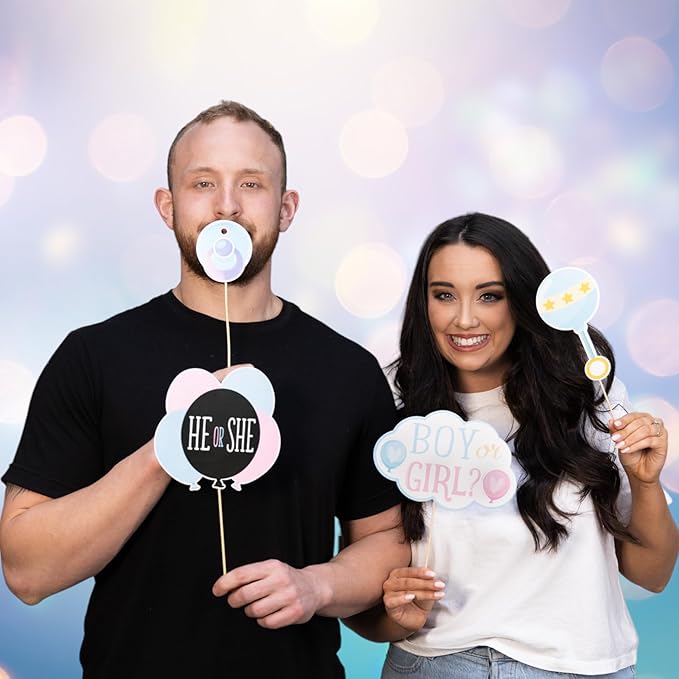 Gender Reveal Photo Booth Props - 41-pc Photobooth Kit with 8 x 10-Inch Sign, 60 Adhesive Pads, 45 Sticks - Baby Gender Reveal Party Supplies for Backdrop