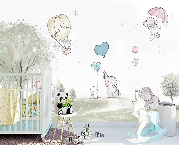 Cartoon Elephant Rabbit Balloon Nursery Wall Mural Wallpaper 137" x 100"