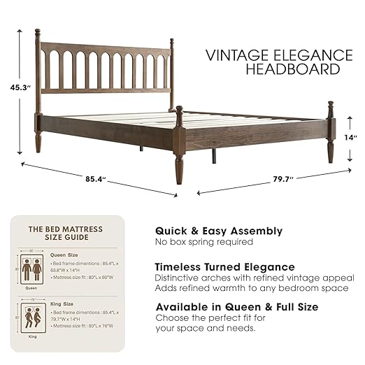 King Size Solid Wood Platform Bed Frame with Headboard & Footboard, 12 Sturdy Slatted Base, Metal Legs, No Box Spring Needed, Anti-Slip & Noise-Free, Easy Assembly, Barnwood Finish, WCK-30