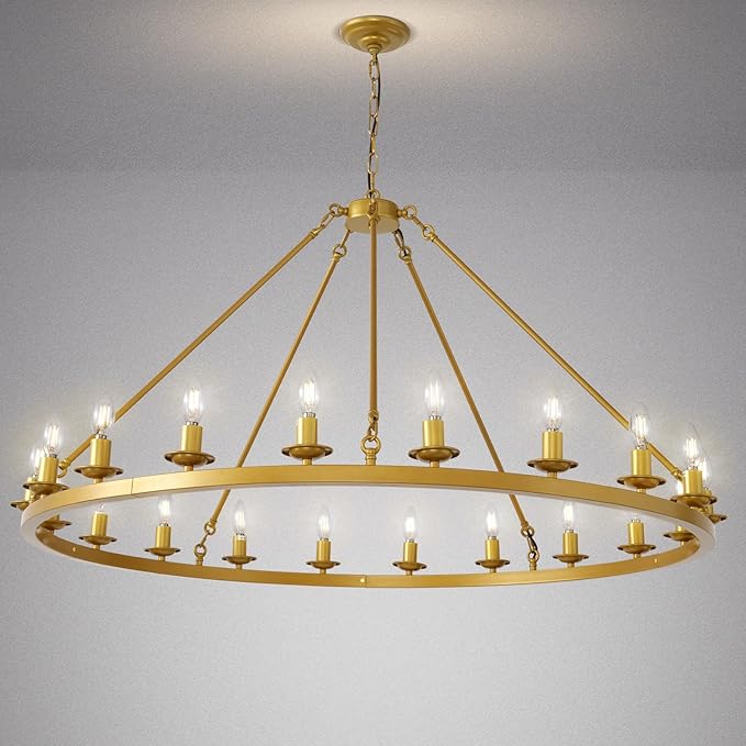 Wagon Wheel Chandelier, 20-Light Gold Round Modern Farmhouse Chandelier with Adjustable Height Hanging Island Light Fixture for High Ceiling Dining Room, Kitchen, Living Room, Entryways, Foyer