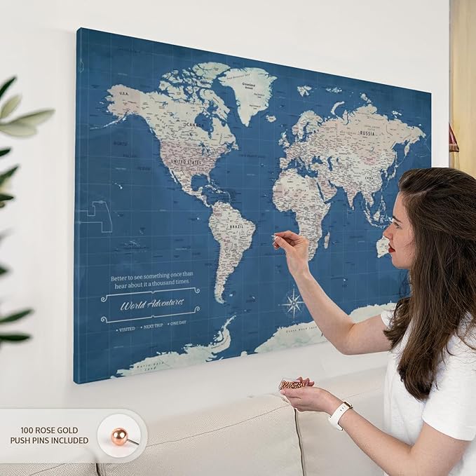 ElephantStock - World Adventures Push Pin Travel Map I Wall Art - Horizontal Canvas Wall Art - Living Room Wall Decor - Printmaking Map Canvas Art - Blue And Beige Decor - 48" x 32"