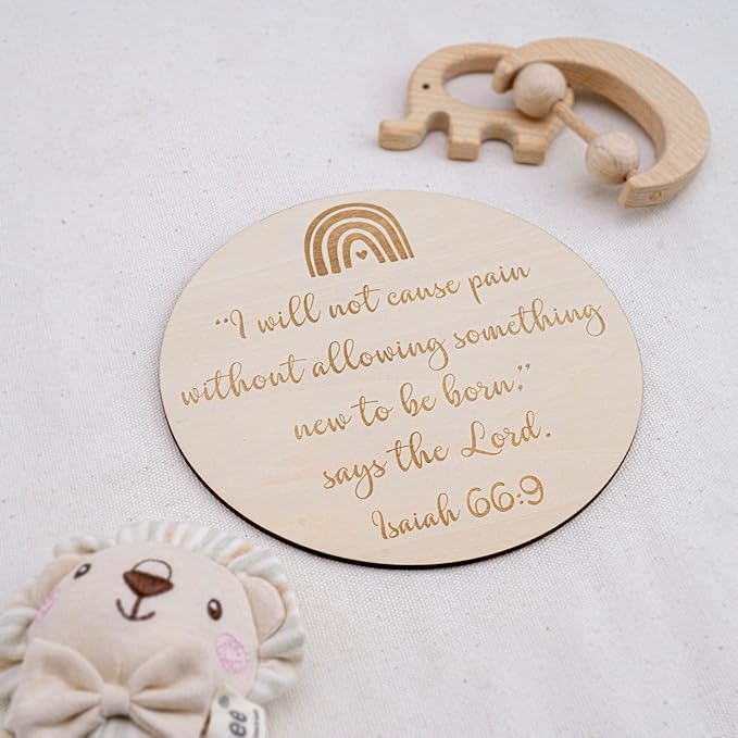 Wooden Rainbow Baby Scripture Sign, 6 Inch Round Nursery Wall Decor with Stand, Isaiah 66:9 Bible Verse Quote, Birth Announcement Plaque