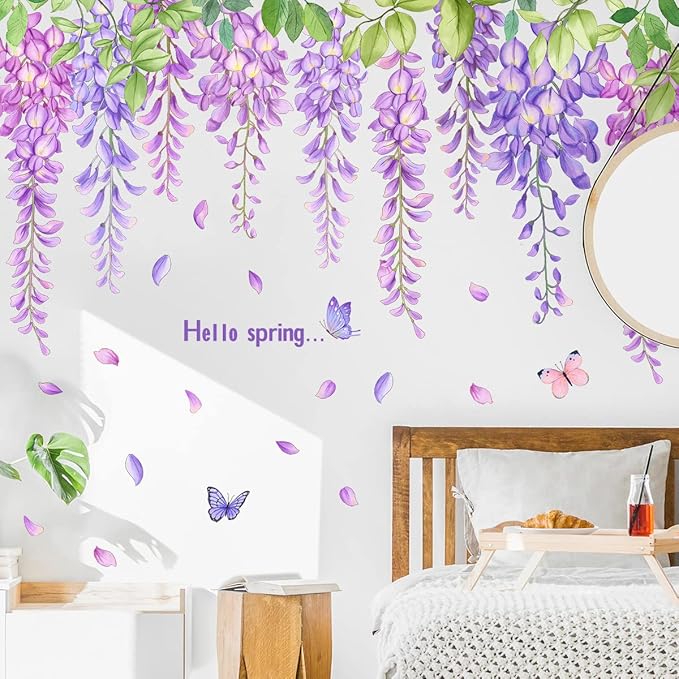 3D Removable Hanging Purple Blue Flowers with Green Leaves Wall Stickers Murals DIY Peel and Stick Flower Vines Floral Wall Decal for Home Wall Corner Kids Bedroom Living Room Nursery Decoration