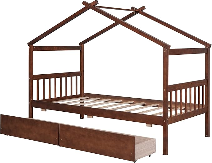 Merax Twin Size Wooden House Bed with Two Drawers, Wood Bed Frame with Roof for Kids, Teens, Boys or Girls, Walnut