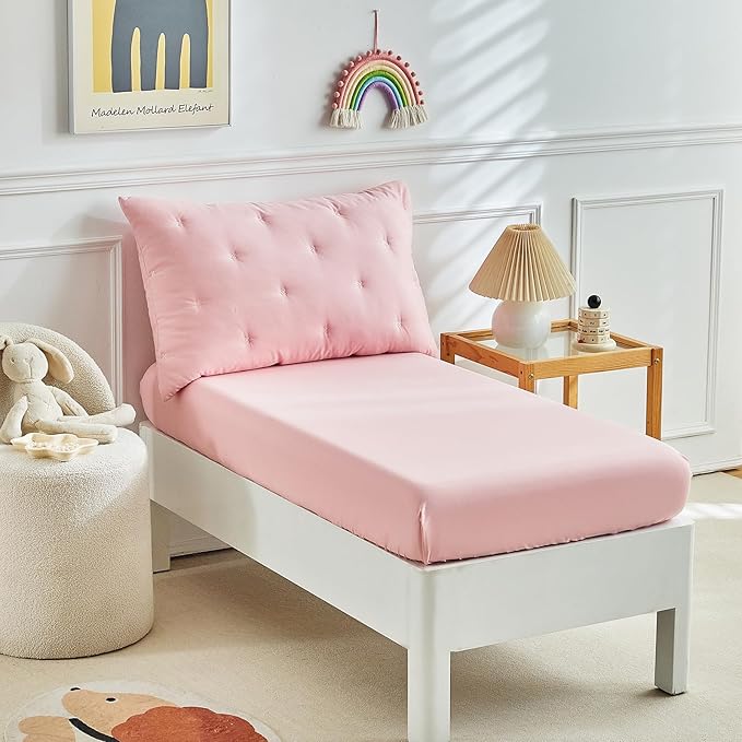 DuShow 4 Piece Toddler Bedding Set for Girls,Embroidery Crib Bed Comforter Set,Includes Toddler Bed Comforter,Fitted Sheet,Flat Sheet and Envelope Pillowcase,Soft Toddler Bed Sheet Set-Pink