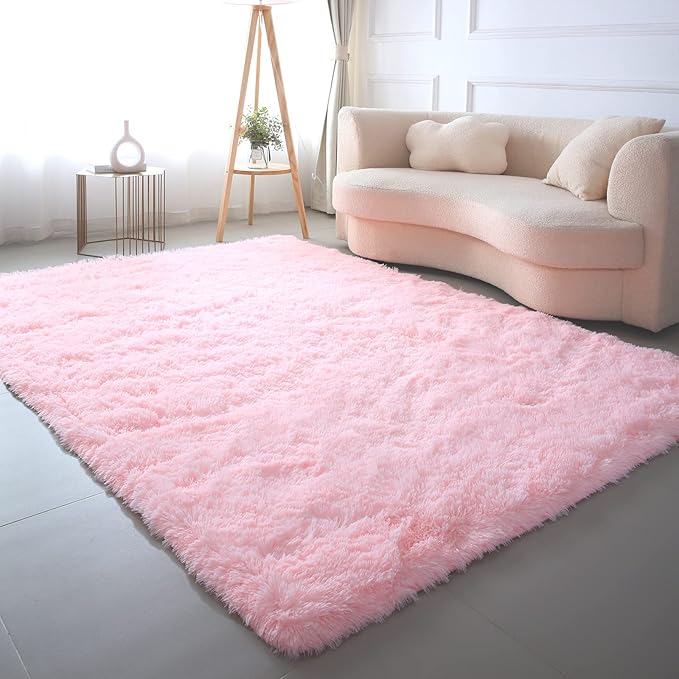 Pink Area Rug for Bedroom 6x9: Pink Rugs for Girls Room - Soft Fuzzy Plush Rugs for Living Room, Non-Slip Modern Nursery Faux Fur Carpet for Kids Room Dorm Decor