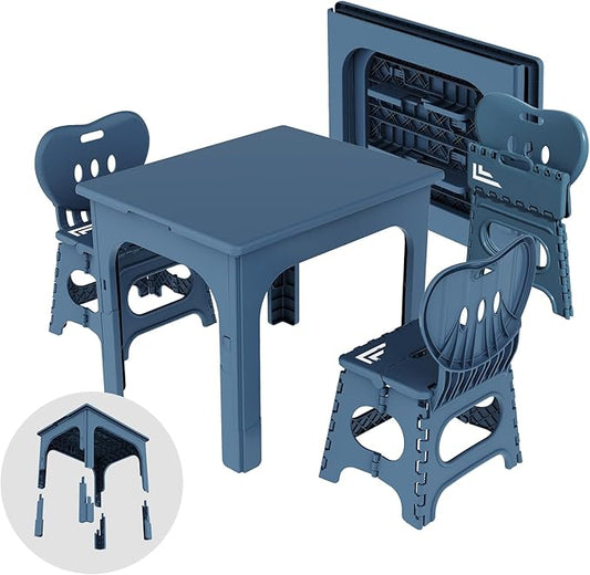 UNICOO® Kids Foldable & Height Adjustable Table Set w/2 Folding Chairs, Compact, Collapsible & Portable, Toddler Activity, Picnic Table, Card Table, Indoor/Outdoor (699) (Blue)