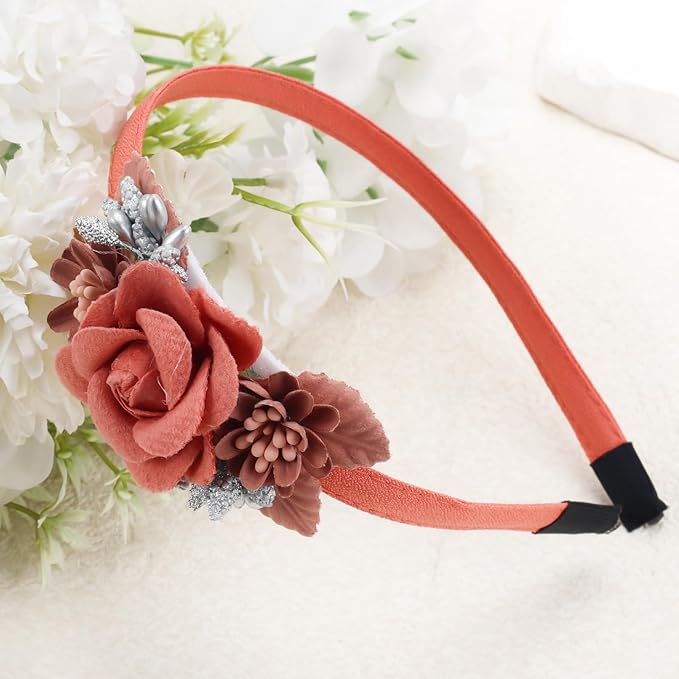 Flower Headbands for Girls Kids Toddlers Rose Floral Headpiece Non Slip Elegant Wedding Flower Crown Hairband Spring Summer Fashion Cloth Headdress Accessories for Birthday Party (Red)