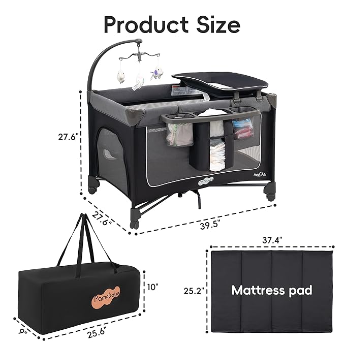 Pamo Babe 1-Second Setup Pack and Play for Babies - Portable Crib with Zip Door & Changing Table