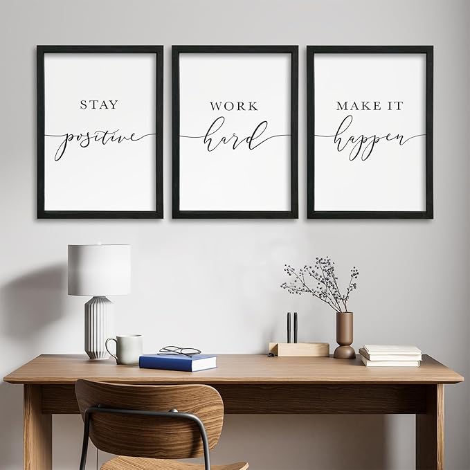 YWJKWLGS Inspirational Office Wall Art Set 16x24 Inch 3 piece Motivational Quotes Wall Decor Stay Positive Work Hard Make It Happen Signs for Home & Office Wood Framed Hanging (Black)