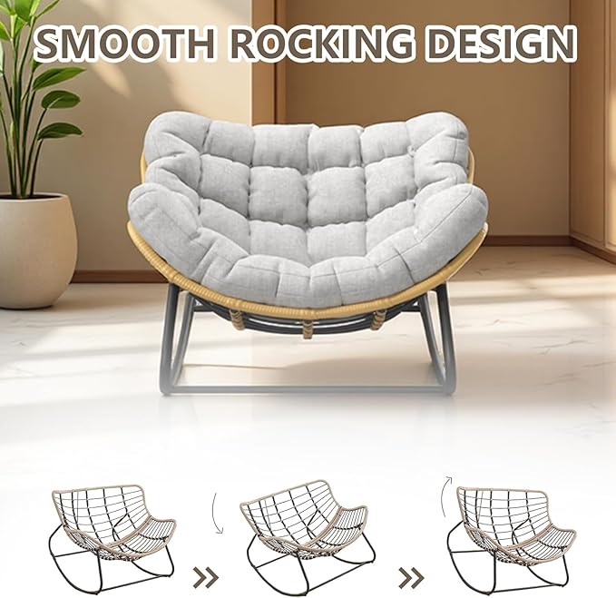 Oversized Papasan Rocking Chair with Thick Cushion, Rattan Wicker Egg Chair for Indoor/Outdoor Patio, Bedroom, Living Room, Porch, or Backyard – Grey