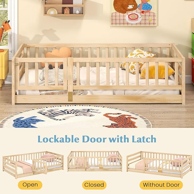 Giantex Twin Floor Bed with High Fence & Door, Montessori Floor Bed with 21.5" Safety Guardrails, Solid Wood Twin Beds Frame for Kids Girls, Boys, Without Slats, Natural