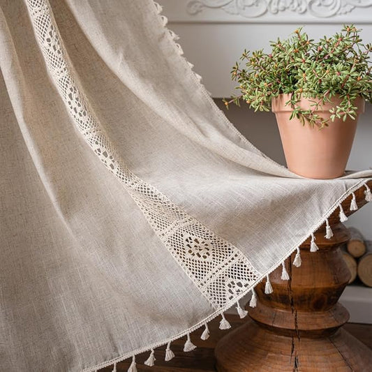 OYX Boho Curtains 63 Inch Length 2 Panels for Living Room, Bedroom Light Filtering Drapes, Farmhouse Vintage Country French Rustic Tassels Pattern Rod Pocket Aesthetic Decor Window Treatments