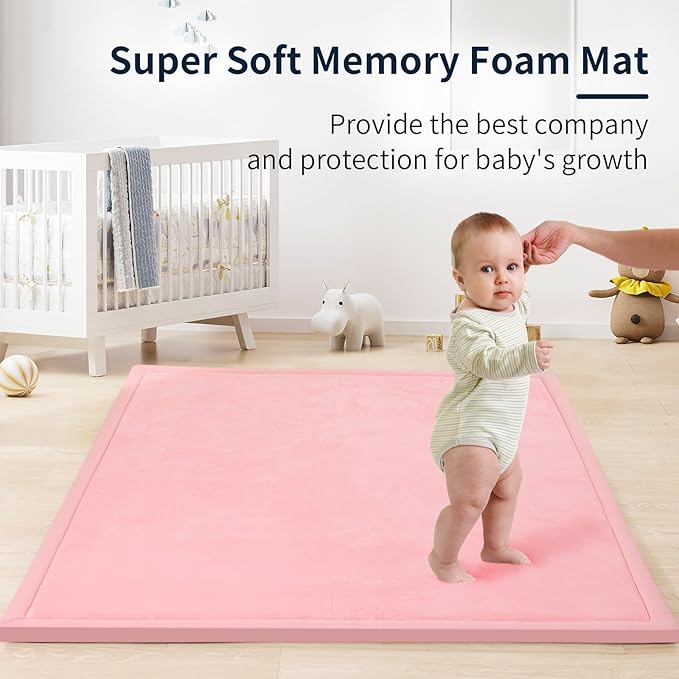 ACOMOPACK Baby Play Mat for Floor 1.3" Thick Memory Foam Play Mat 79"×157" Tummy Time Crawling with Non-Slip Bottom for Living Room,Nursery,Soft Velvet Playpen Mats for Kids,Infants（Pink）