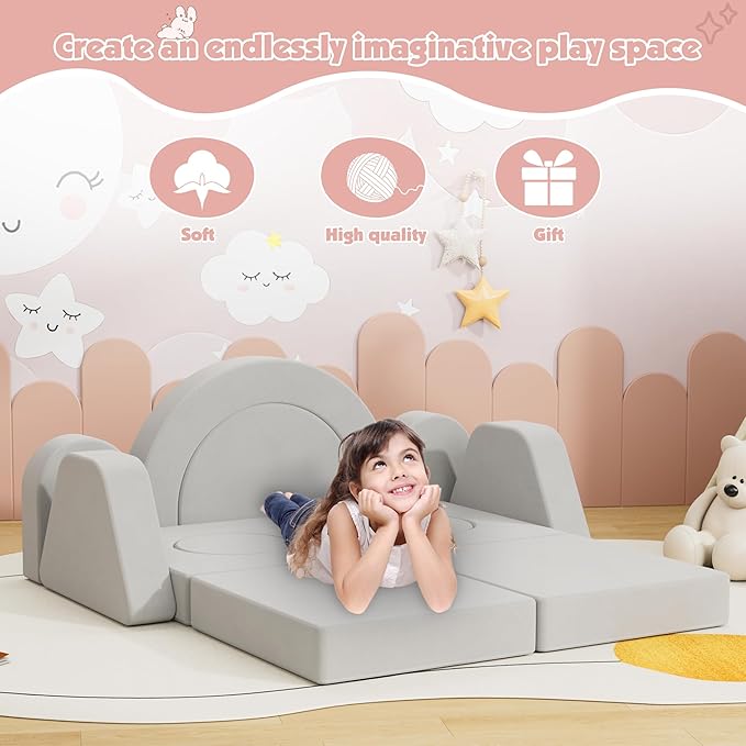 12 PCS Modular Kids Play Block Couch Child Sectional Sofa Toddler Building Fortplay Bedroom Playroom Baby Convertible Floor Foam Cushion for Boys & Girls (Light Gray-Double)