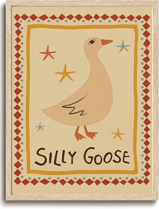 KISSFOX Framed Wall Art Nursery Wall Decor Yellow Silly Goose Pictures Kids Cute Animal Canvas Art Boho Whimsical Paintings Artwork For Children Boys Girls Room
