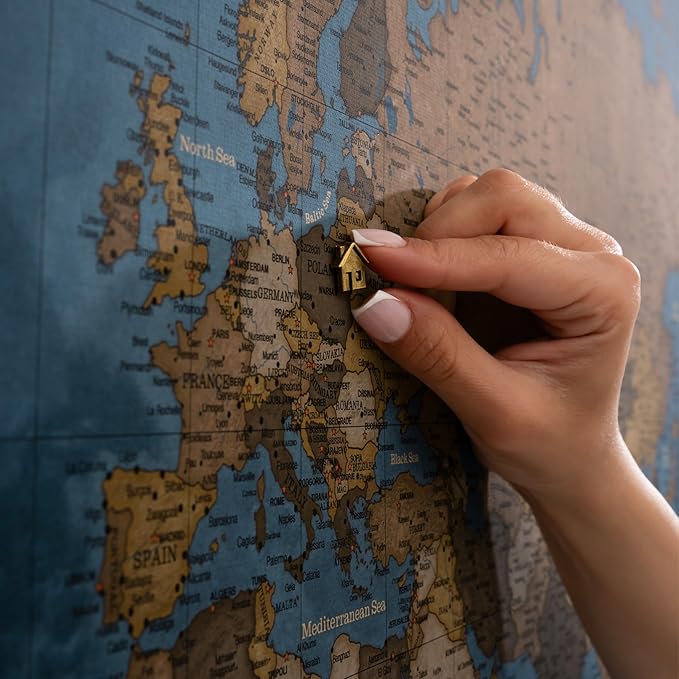 Canvas World Map with Cork Pin Board - English Lettering - Decorative Wall Decoration for All Rooms - Canvas Pictures with World Map Motif (90x60 cm, Pattern 13)